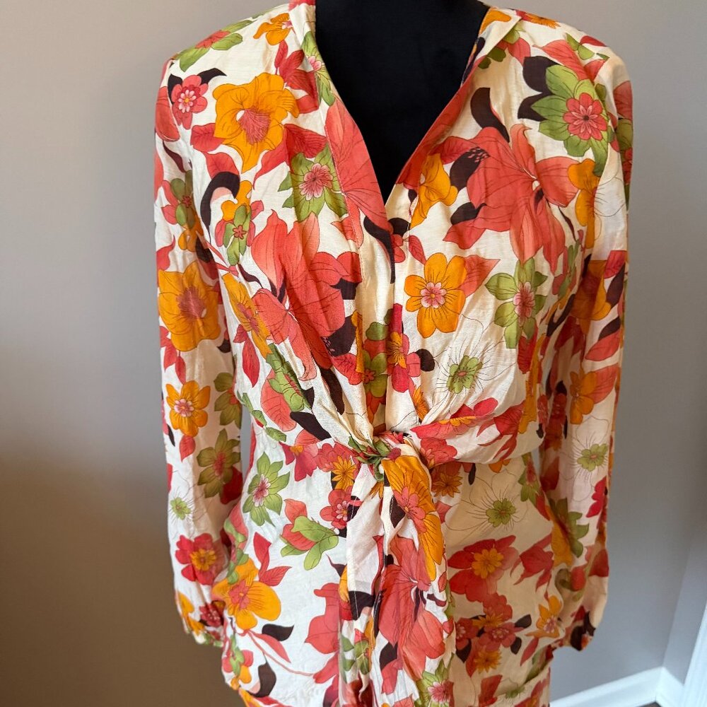 Floral Tie-Front Blouse - Coral, Yellow & Green